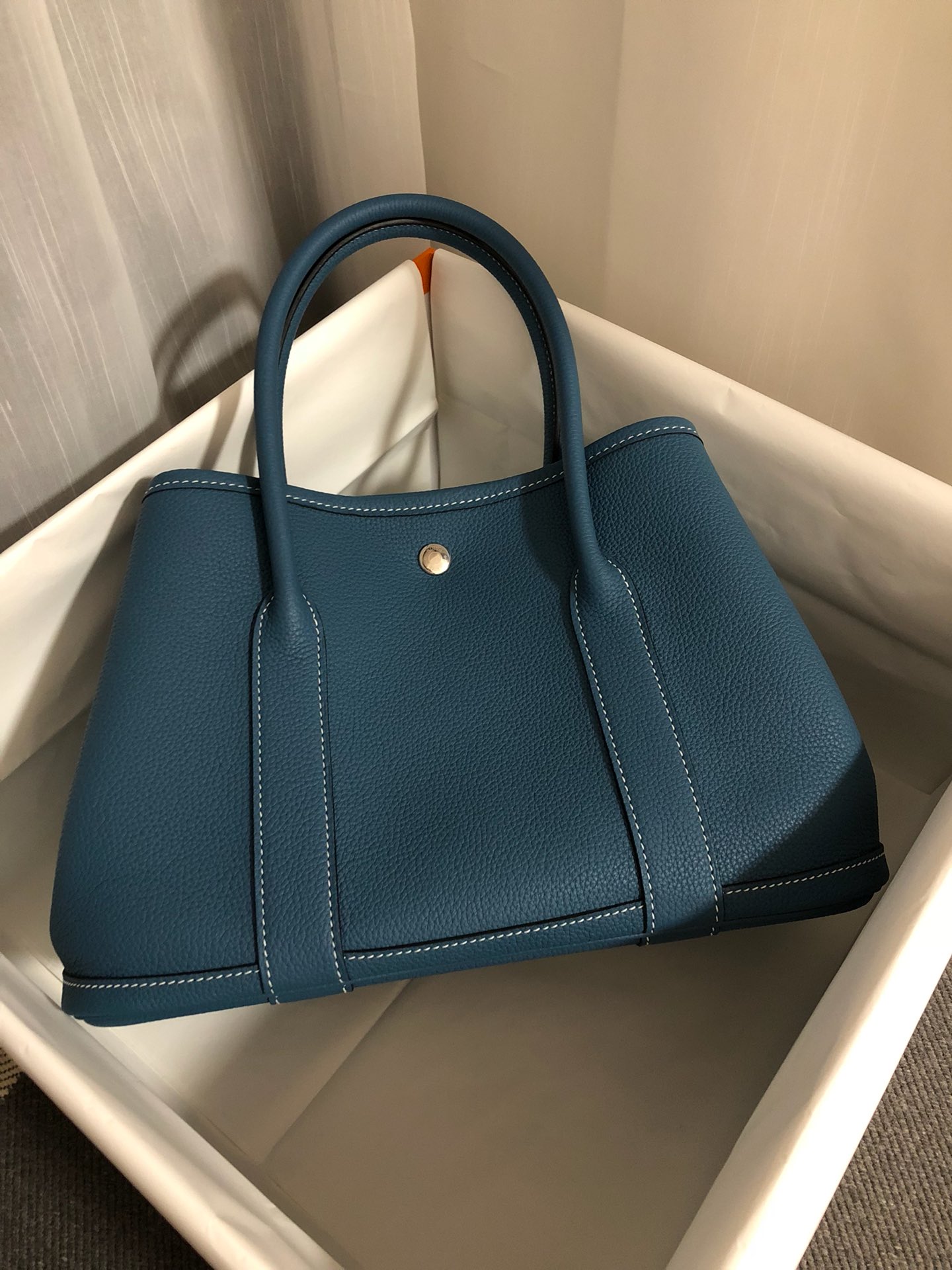 Hermes Garden Party 30cm Tote Handbag In Blue Jean Clemence Leather